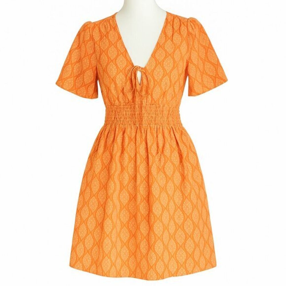 Band of the Free Orange Patterned Puff Sleeve Mini Dress | Bow Front | Size S |